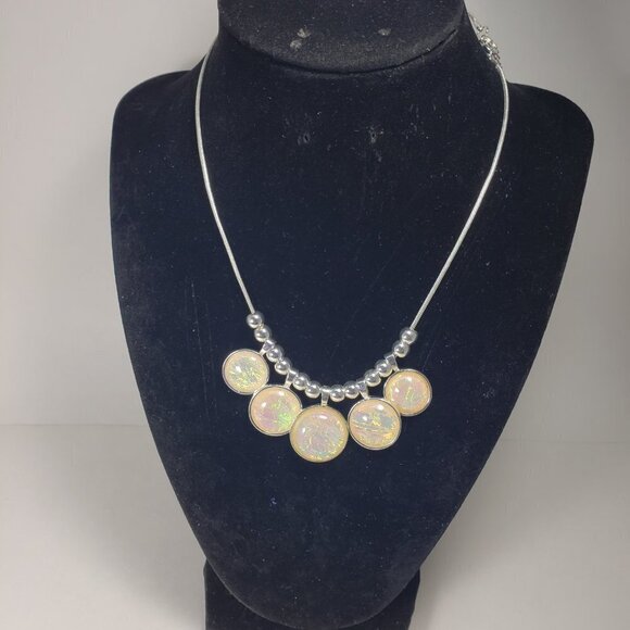 Silver tone Beaded Resin Drop Disc Necklace & Matching Earrings - Women' Jewelry - Picture 10 of 10
